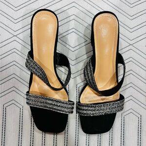 Women's 2” Heeled Sandals | Strappy Black & Silver Sparkle | Size 39 (US 8.5)